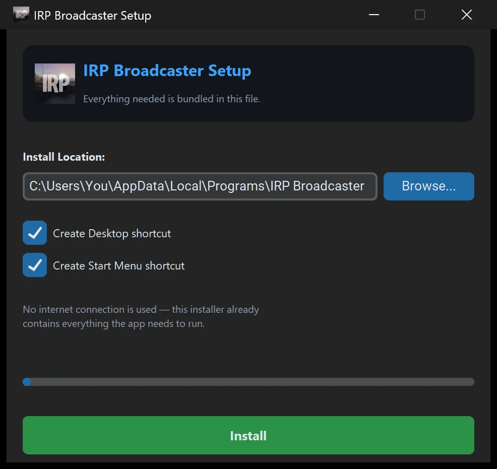The IRP Broadcaster Setup window: install location, shortcut checkboxes and a green Install button