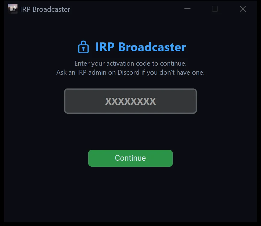 The activation screen asking for an activation code, with a Continue button