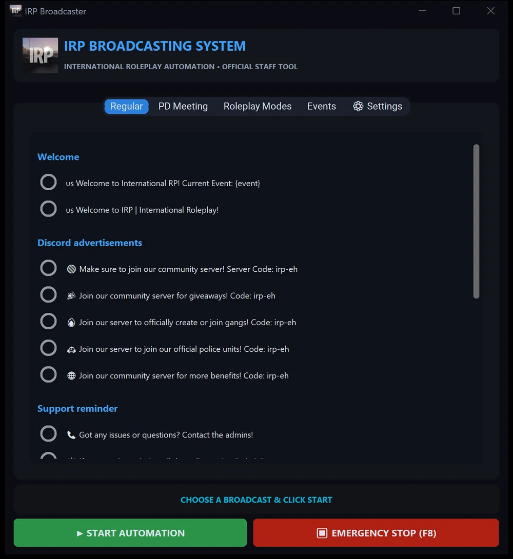 The IRP Broadcaster main window showing the Regular message list