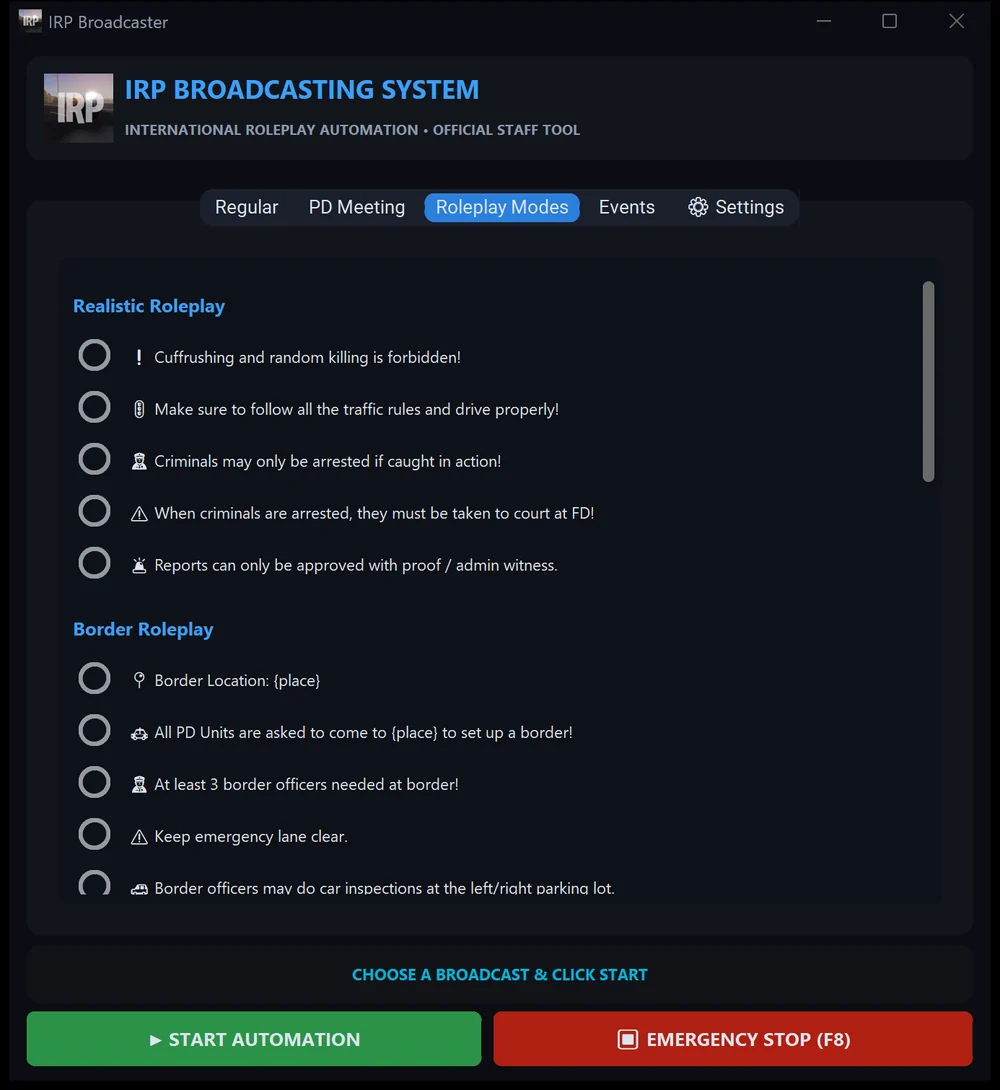 The Roleplay Modes tab message list