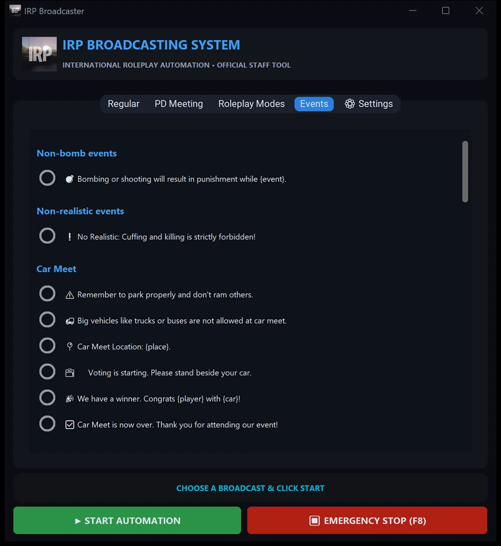 The Events tab message list