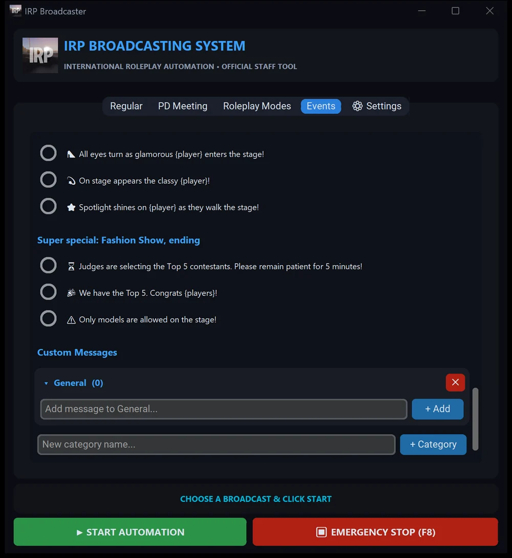 The Custom Messages section at the bottom of the Events tab, with an add-message box and a New category box