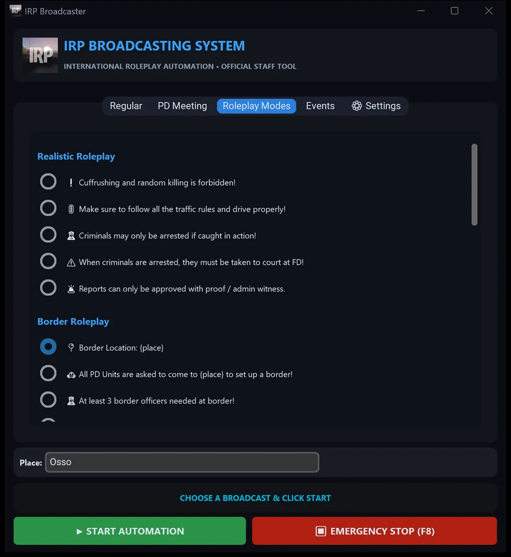 A Border Roleplay message selected, with a Place fill-in box showing Osso above the Start button