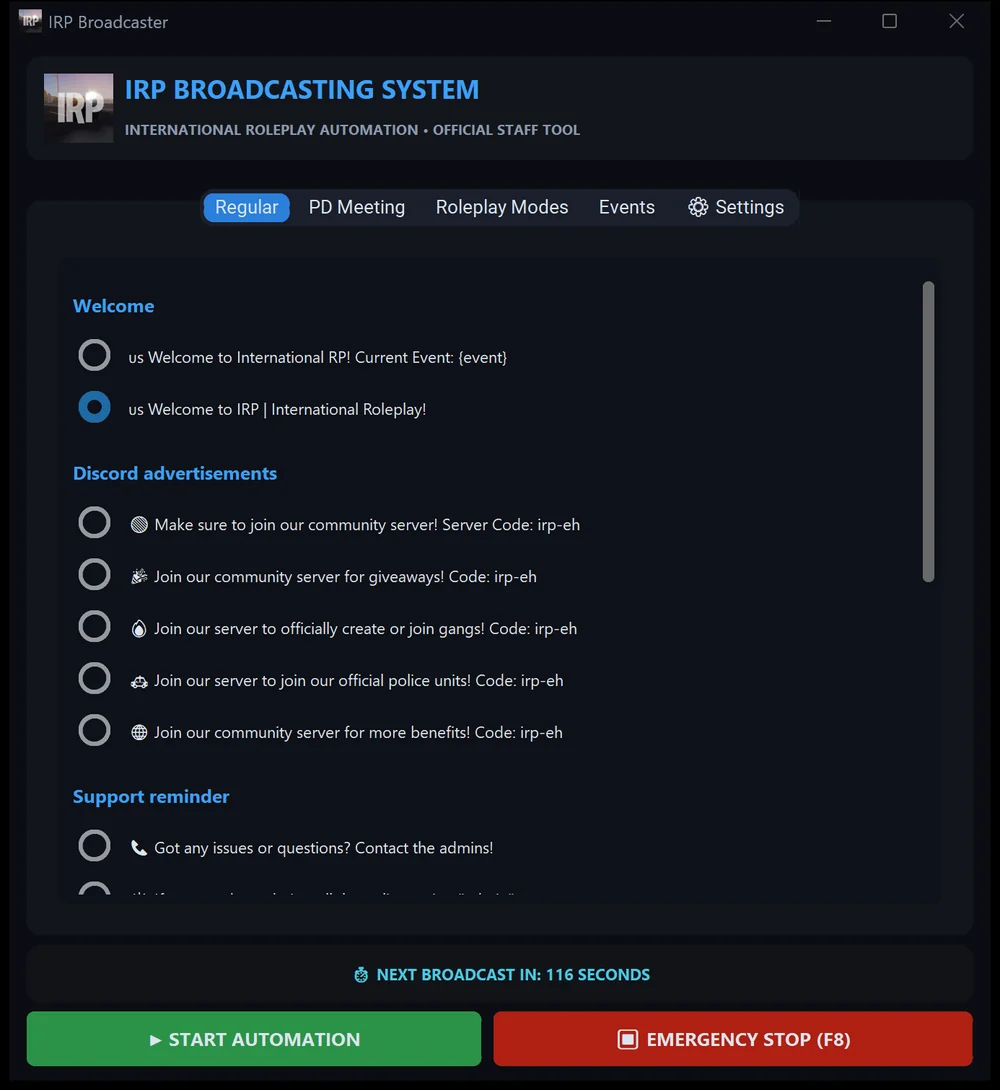 Automation running: the status bar reads NEXT BROADCAST IN 116 SECONDS