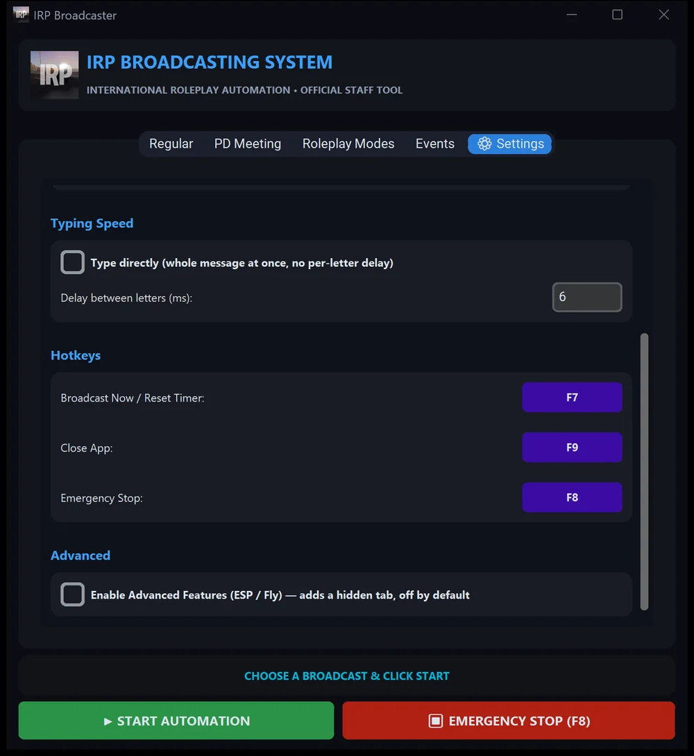 The bottom of Settings with the Enable Advanced Features checkbox