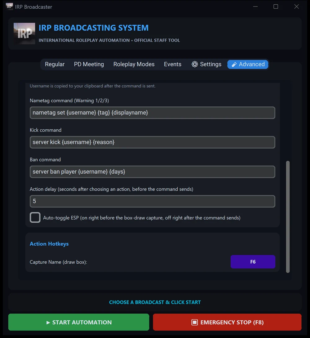 The Player Actions settings: nametag, kick and ban commands, action delay and the F6 capture hotkey