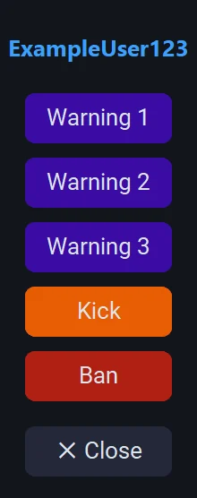 The action menu for a captured player with Warning 1, 2, 3, Kick, Ban and Close buttons